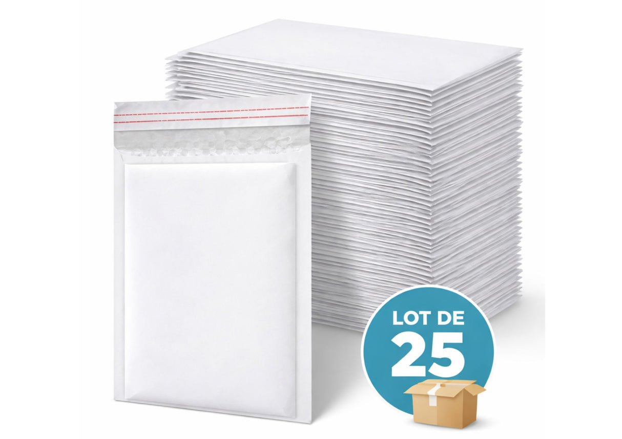 Lot de 25 enveloppes bulles blanches 10 × 16,5 cm avec protection intérieure pour expédition d’objets fragiles.