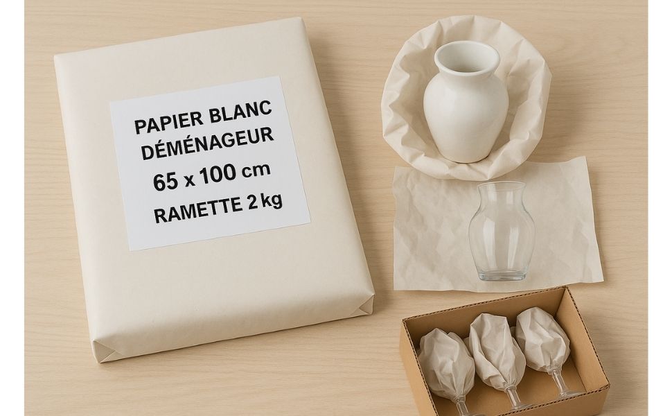 Ramette de papier blanc déménageur 65x100 cm 2 kg avec exemples d’emballage de vase, bol et verres