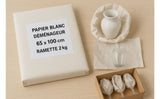 Ramette de papier blanc déménageur 65x100 cm 2 kg avec exemples d’emballage de vase, bol et verres