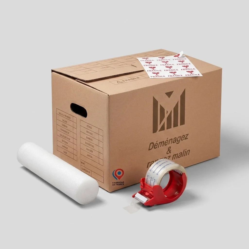 Kit déménagement T3 complet – 40 cartons + 2 rouleaux de mousse + 2 adhésifs avec distributeur et étiquettes Fragile