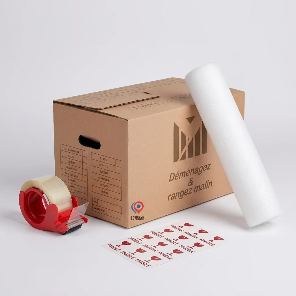 Kit déménagement T3 complet – 40 cartons + 2 rouleaux de mousse + 2 adhésifs avec distributeur et étiquettes Fragile