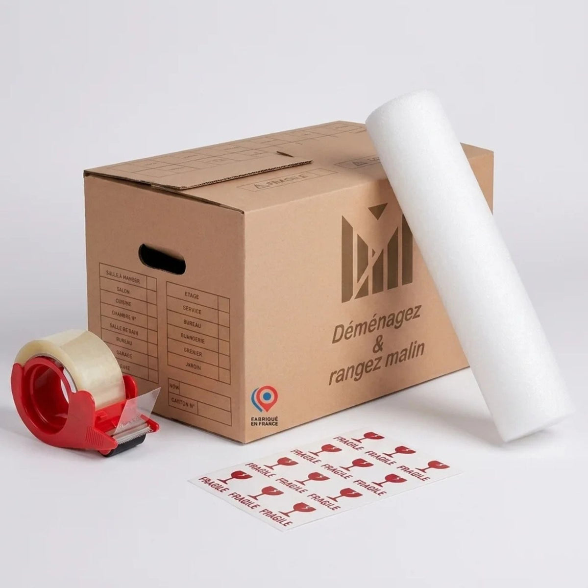 Kit déménagement T3 complet – 40 cartons + 2 rouleaux de mousse + 2 adhésifs avec distributeur et étiquettes Fragile